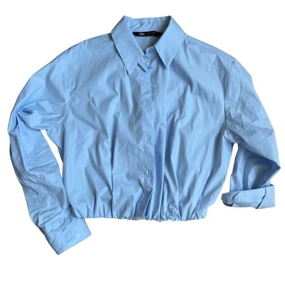 Zara Elastic Hem Poplin Cropped Shirt Light Blue XS - Picture 1 of 9